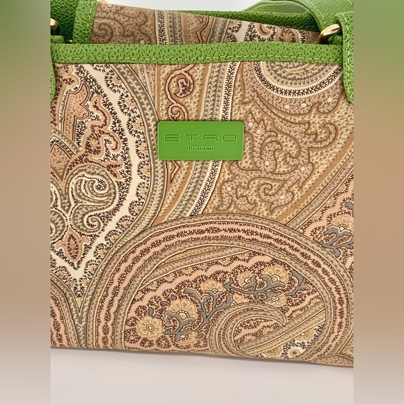 NWT Etro Milano Paisley Uncoated. Canvas & Lime Green Leather Trim Bag - Picture 10 of 16